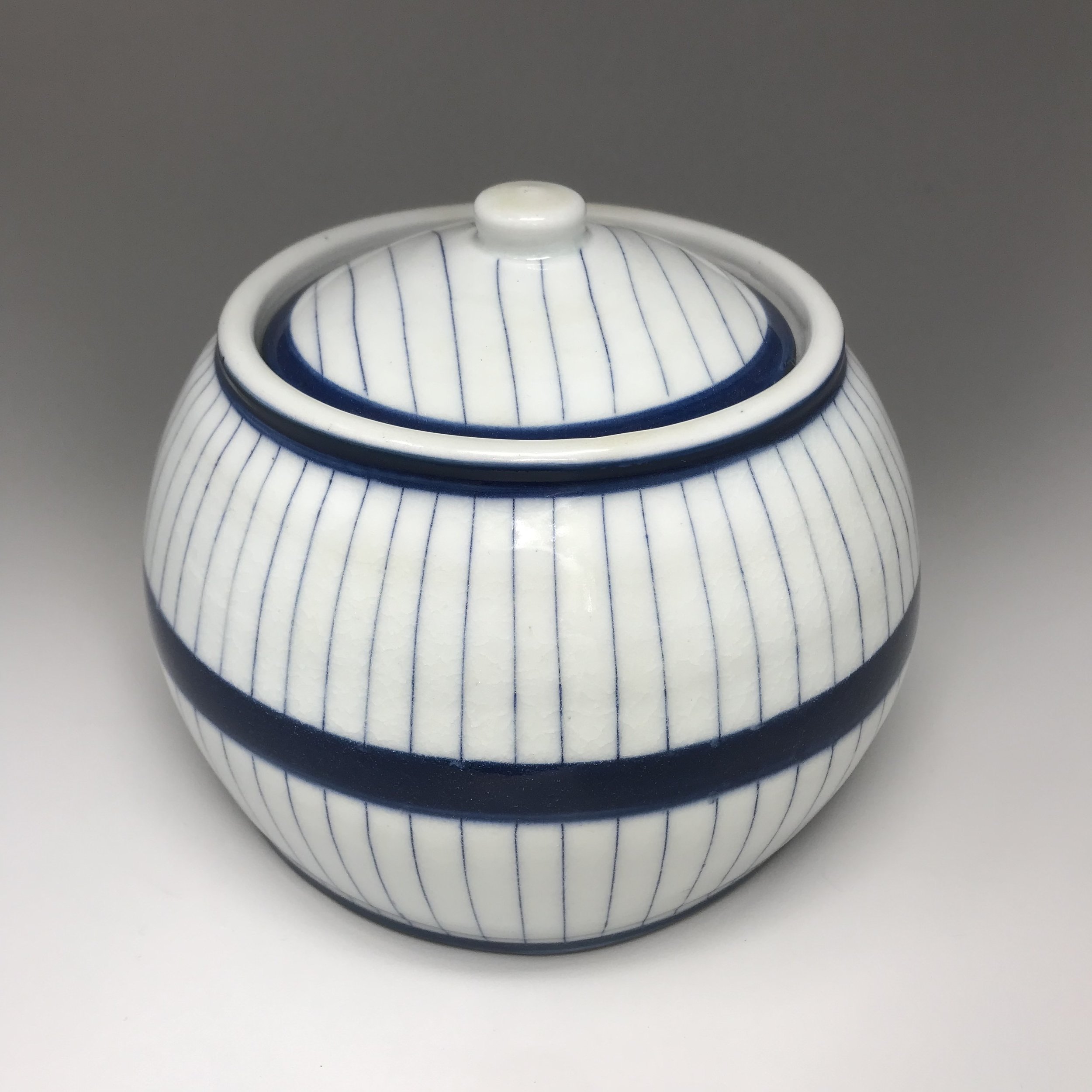 Lidded Jar, Blue Stripes and Pinstripes
