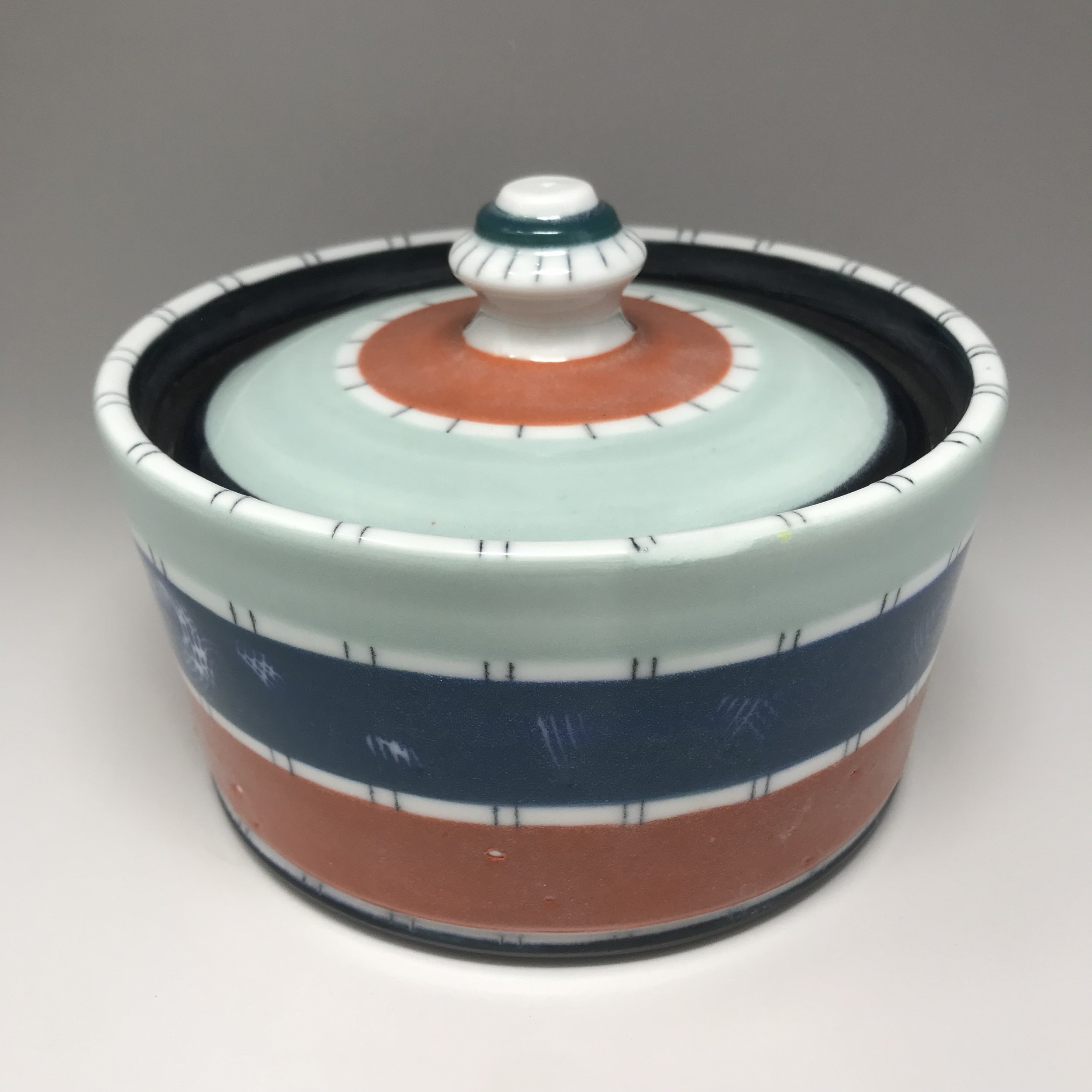 Lidded Jar, Turquoise,Black,Orange Bands
