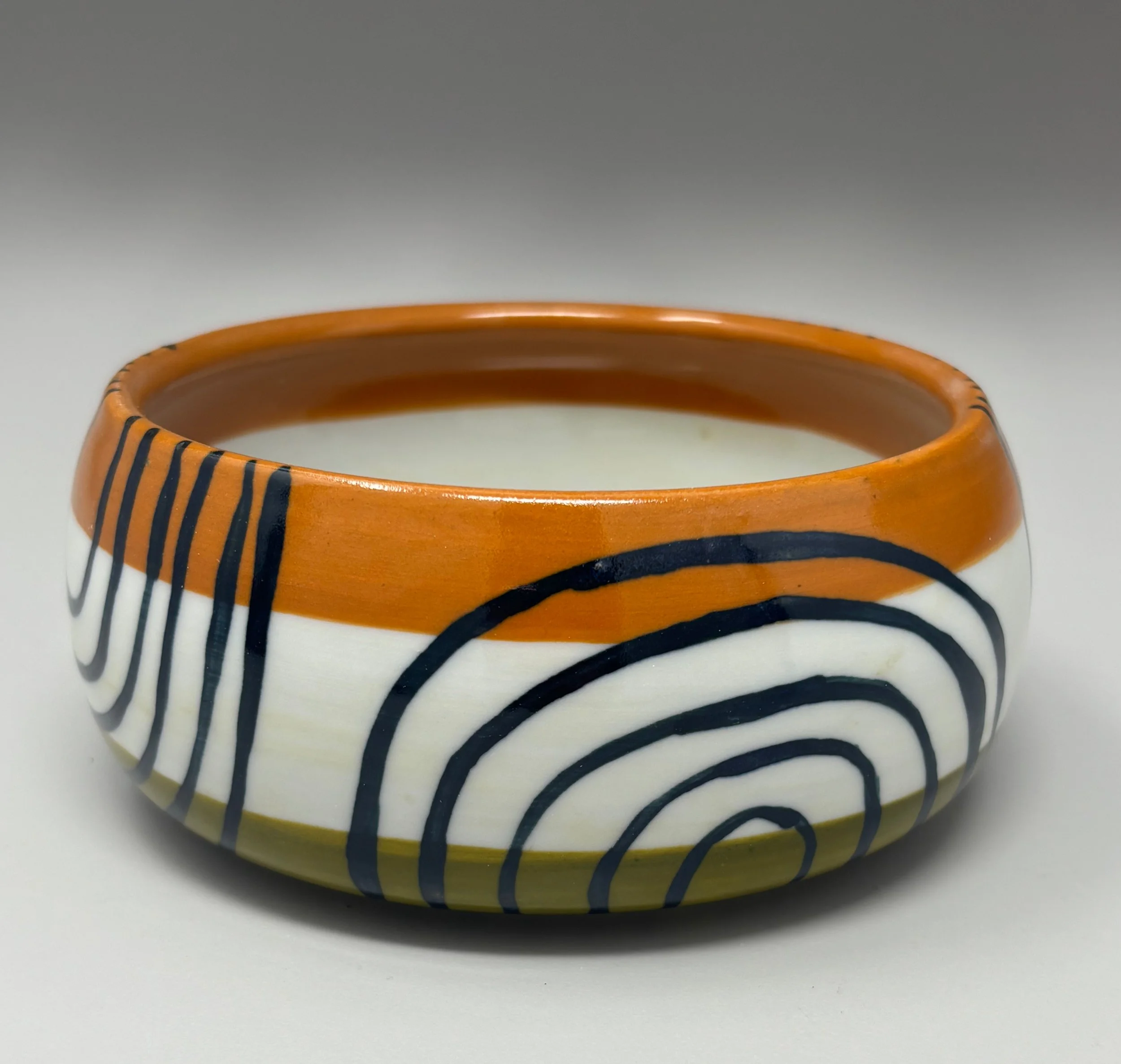 Soup Bowl, Orange Rim, Green base, Black stripes