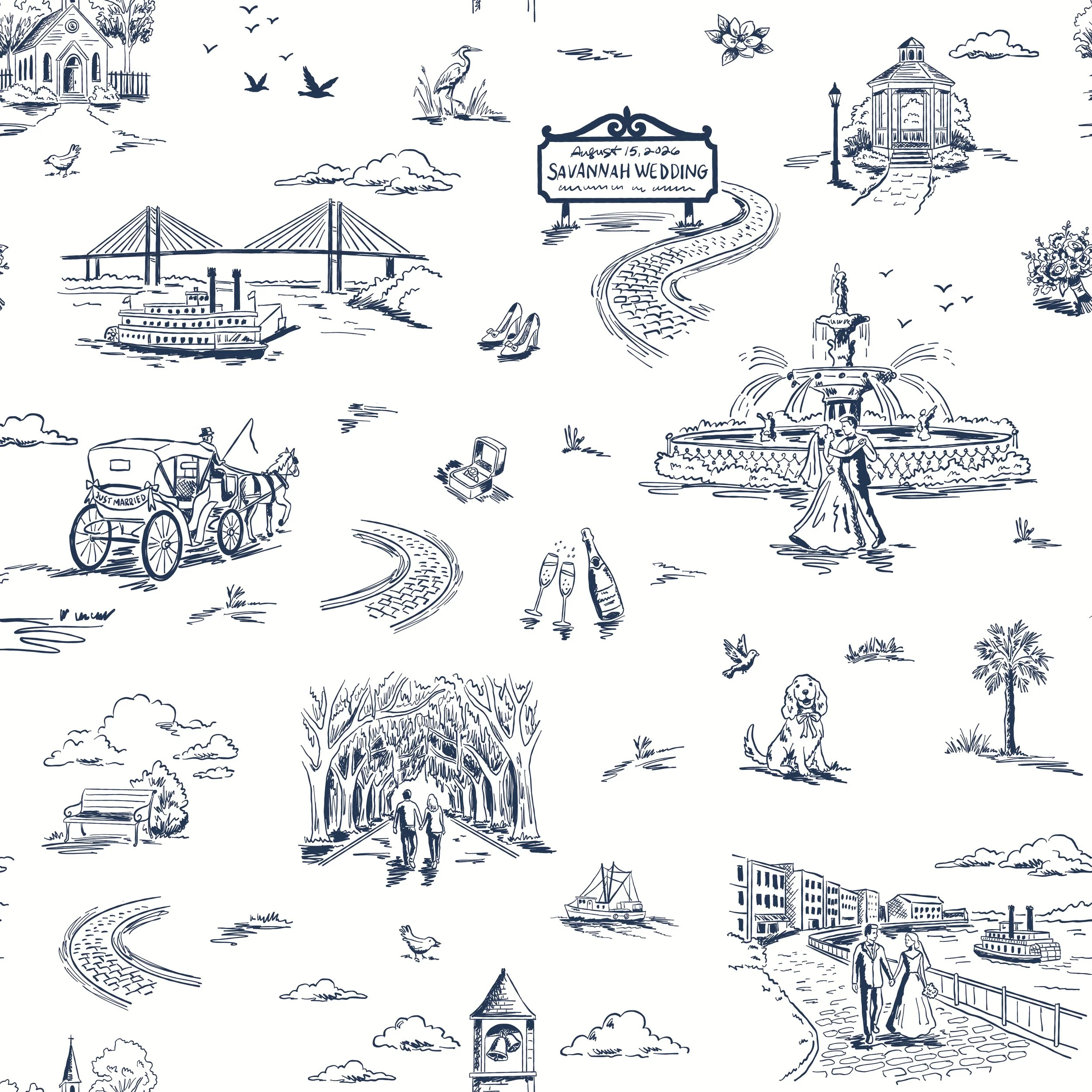 Toile Love Story — Custom Hand-Illustrated Wedding Toile de Jouy Pattern (One-Color)