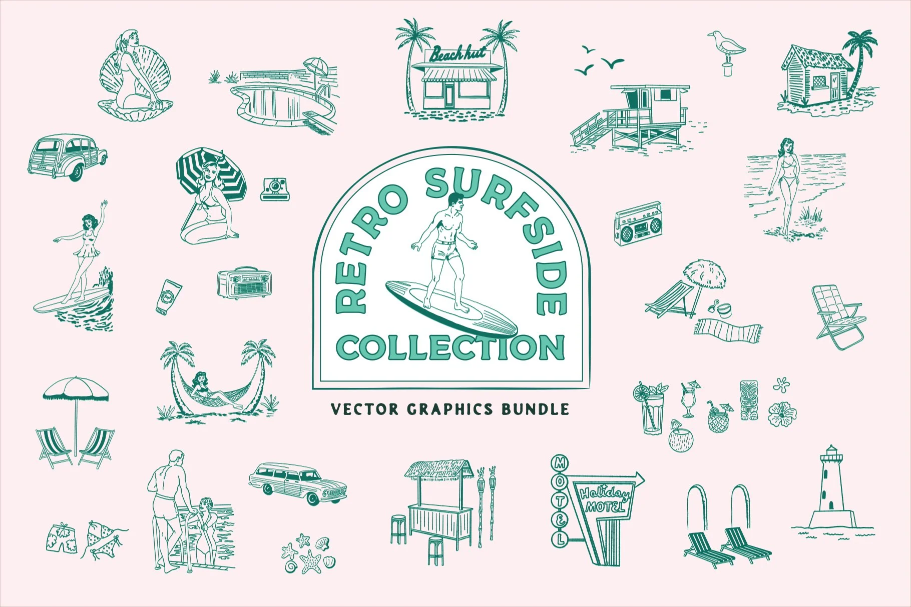 Hand-drawn retro beach illustration bundle — 25+ vintage surf and coastal vectors for branding, packaging, and apparel. Available on Creative Market from Happy Monday Creative.