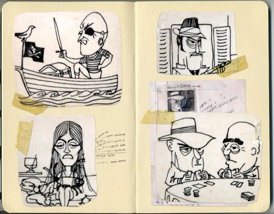 moleskine sketches of pirates, mobsters, and gamblers