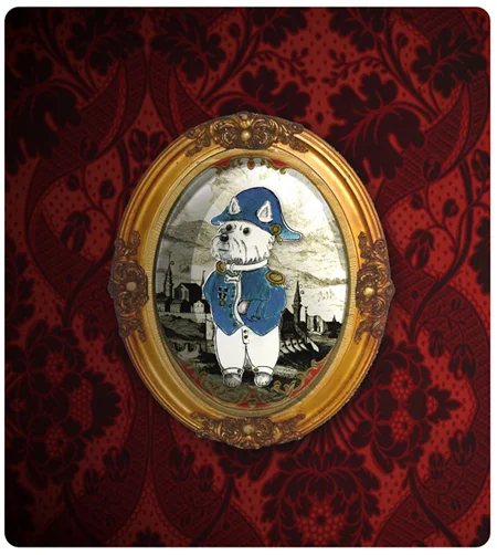 Hand-illustrated Westie character as Napoleonic military commander General Bonesaparte in antique gilt portrait frame on damask wallpaper