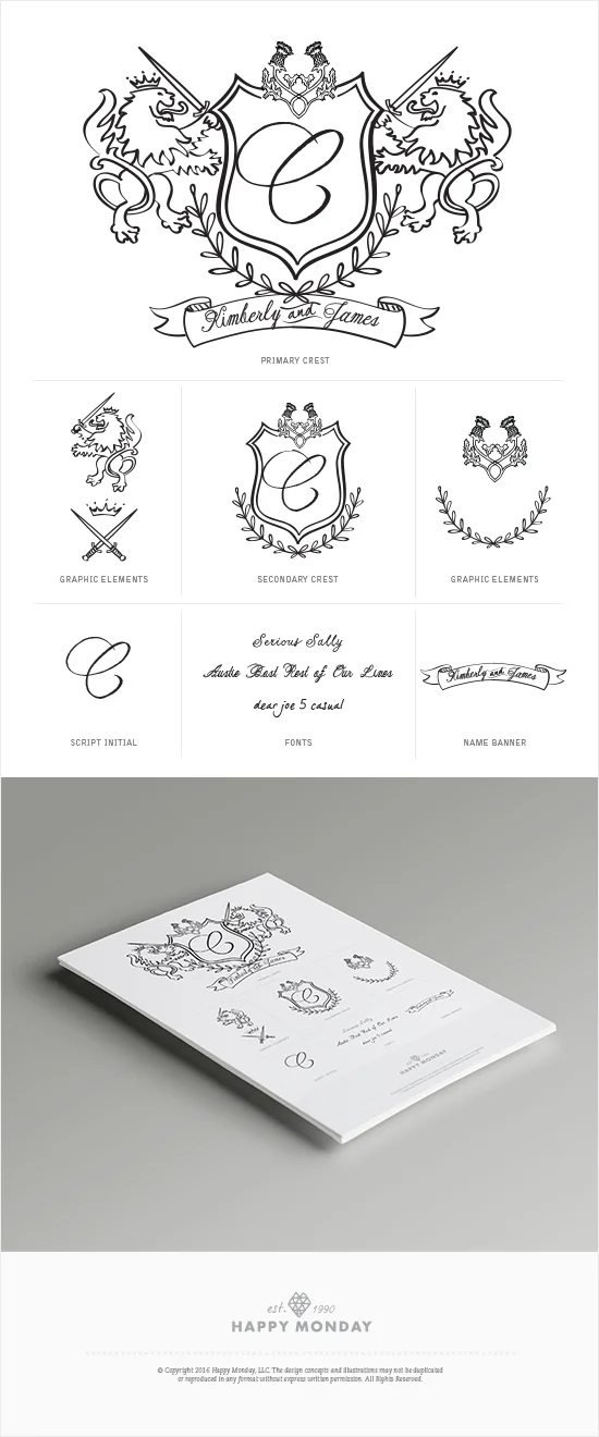 Custom illustrated heraldic family crest wedding identity with rampant lions, crossed swords, Scottish thistle, laurel wreath, and ribbon name banner