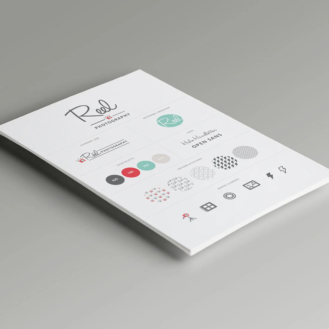 Reel Photography brand identity system including script logo, secondary lockup, watermark monogram, color palette, custom patterns, and icon set
