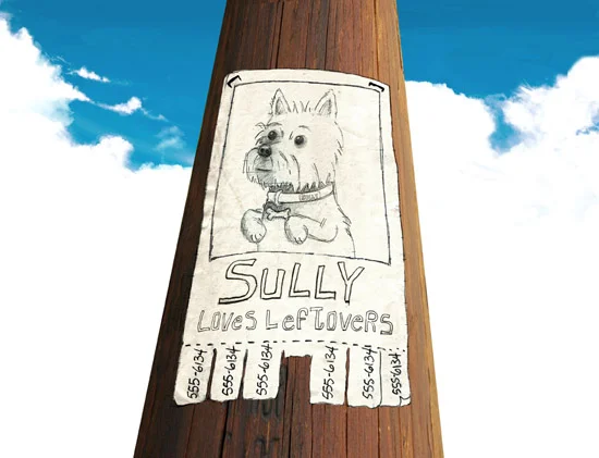 Hand-drawn illustrated missing poster of Sully the Westie character with tear-off tabs, origin illustration for Maximus the Westie brand