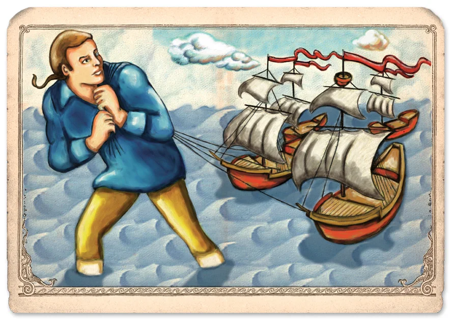 illustration of Gulliver pulling ships