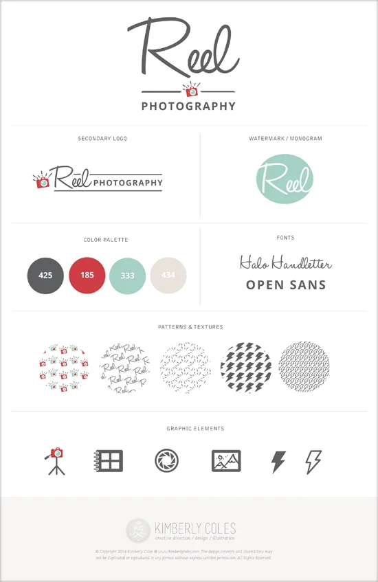 Reel Photography brand identity system including script logo, secondary lockup, watermark monogram, color palette, custom patterns, and icon set