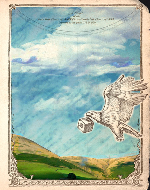 illustration of eagle and Gulliver's traveling box