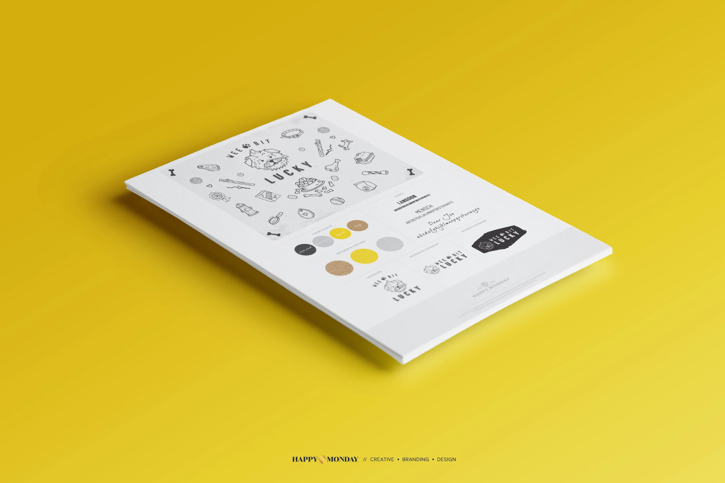 Brand board mockup: "Wee Bit Lucky personal brand identity system including illustrated terrier logo, hand-drawn icon set, color palette, and alternate logo lockups