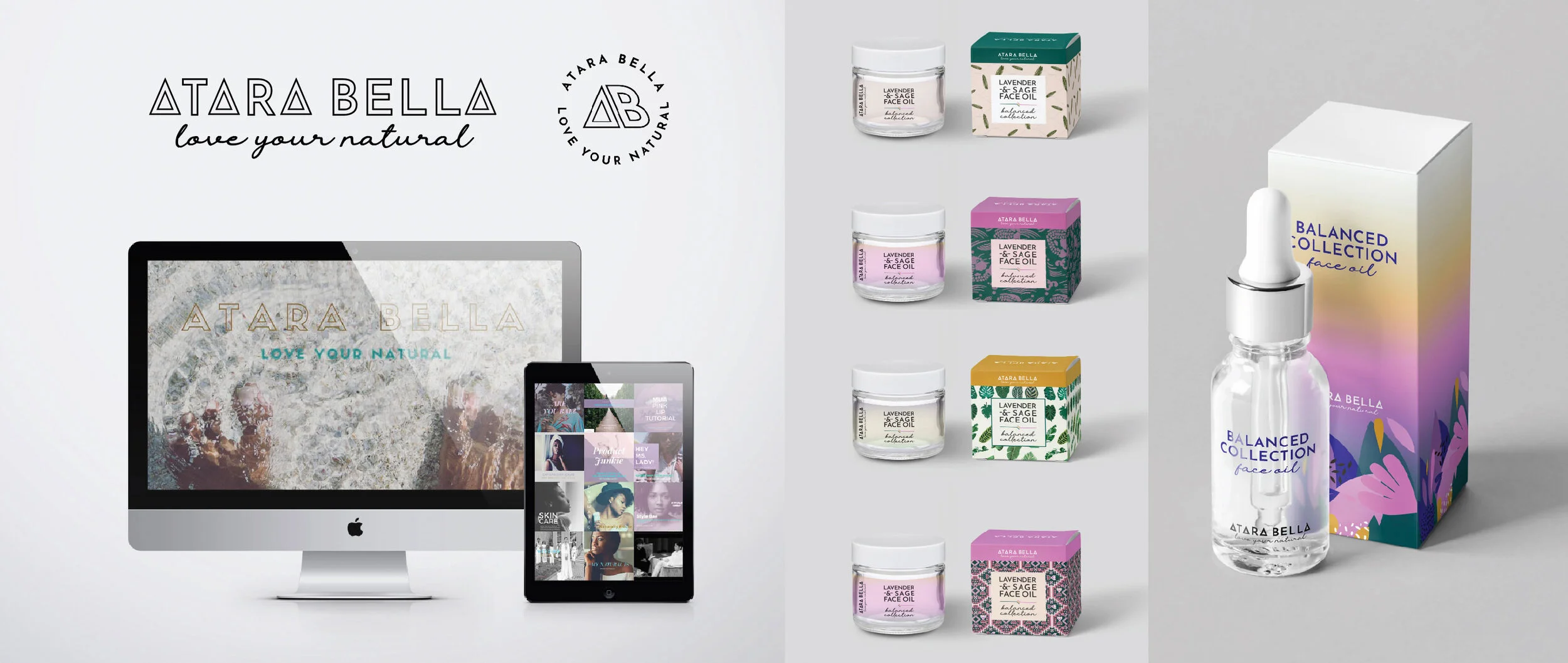3D packaging design mockups for Atara Bella skincare brand identity system