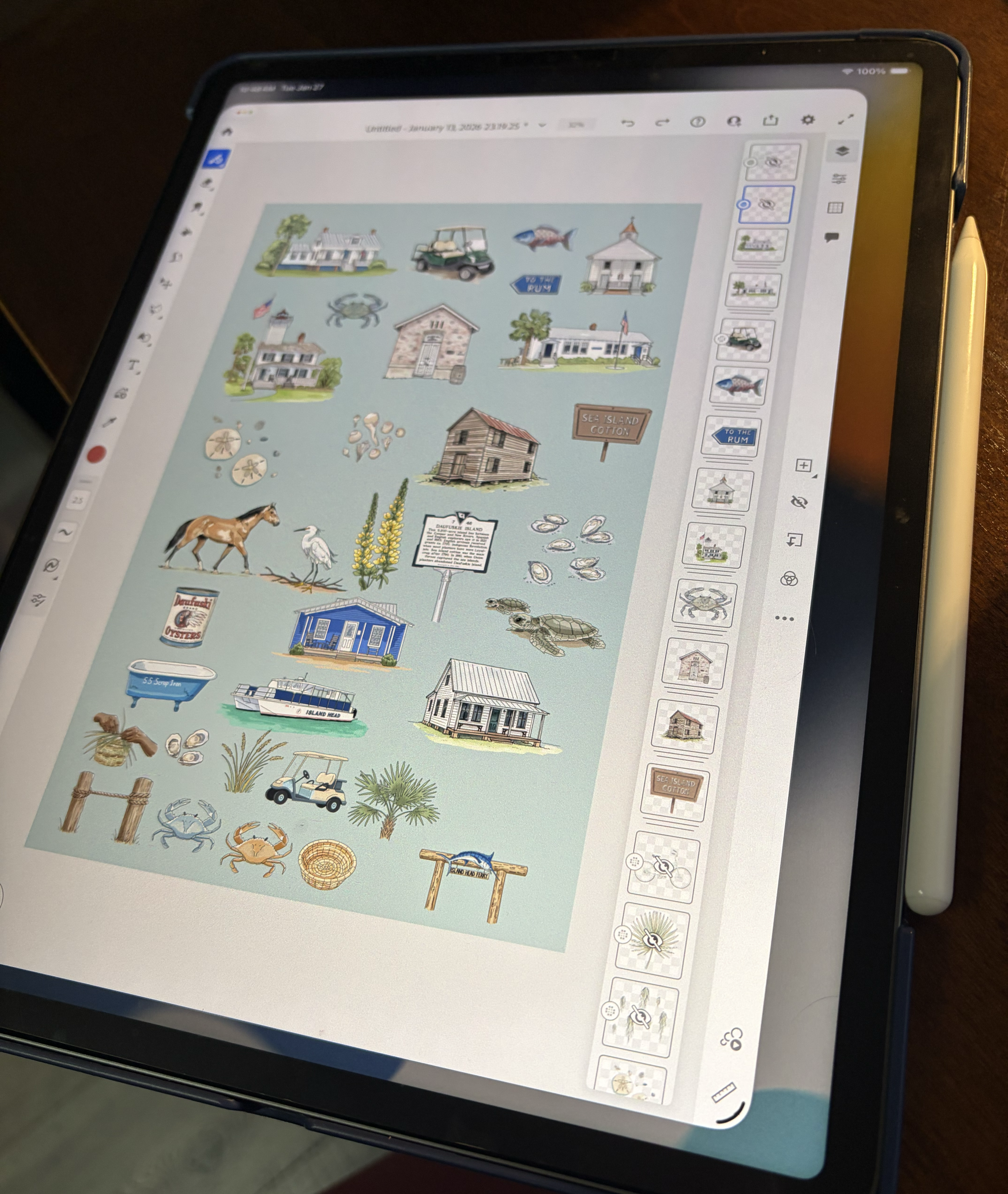 Digital illustration of sea island life including houses, a golf cart, fish, a crab, a shell sign, a horse, a heron, a docked boat, oyster buckets, palm trees, a crab, and a wooden sign reading 'Sea Island Cotton'.