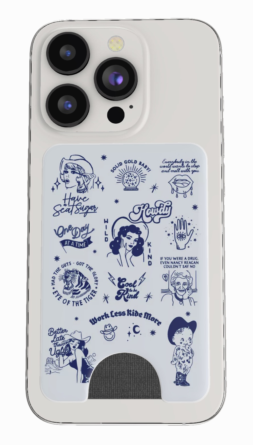 Custom illustrated popsocket wallet layout — bold characters, hand-lettered phrases, and vintage linework for a client with a very specific point of view. Happy Monday Creative.