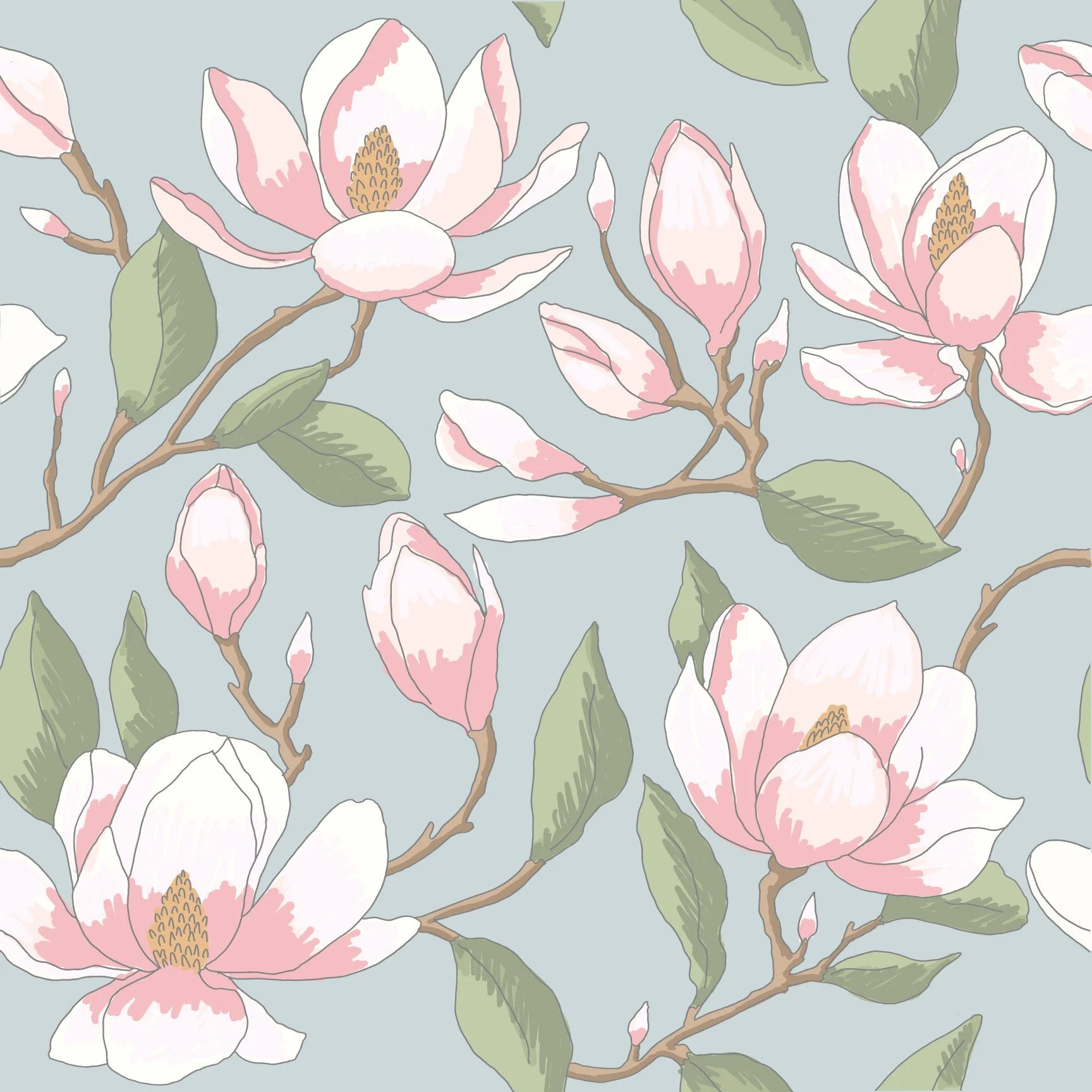 Seamless ‘Magnolia Garden’ coordinate pattern with hand-illustrated magnolia blossoms and foliage in a vintage line style, designed to complement the Savannah Storybook landmark collection.