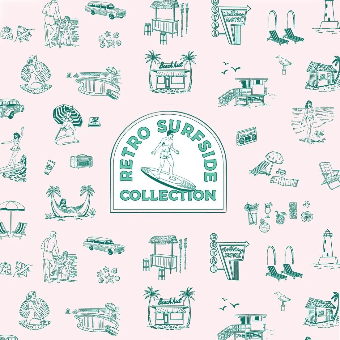 Hand-drawn retro beach illustration bundle — 25+ vintage surf and coastal vectors for branding, packaging, and apparel. Available on Creative Market from Happy Monday Creative.