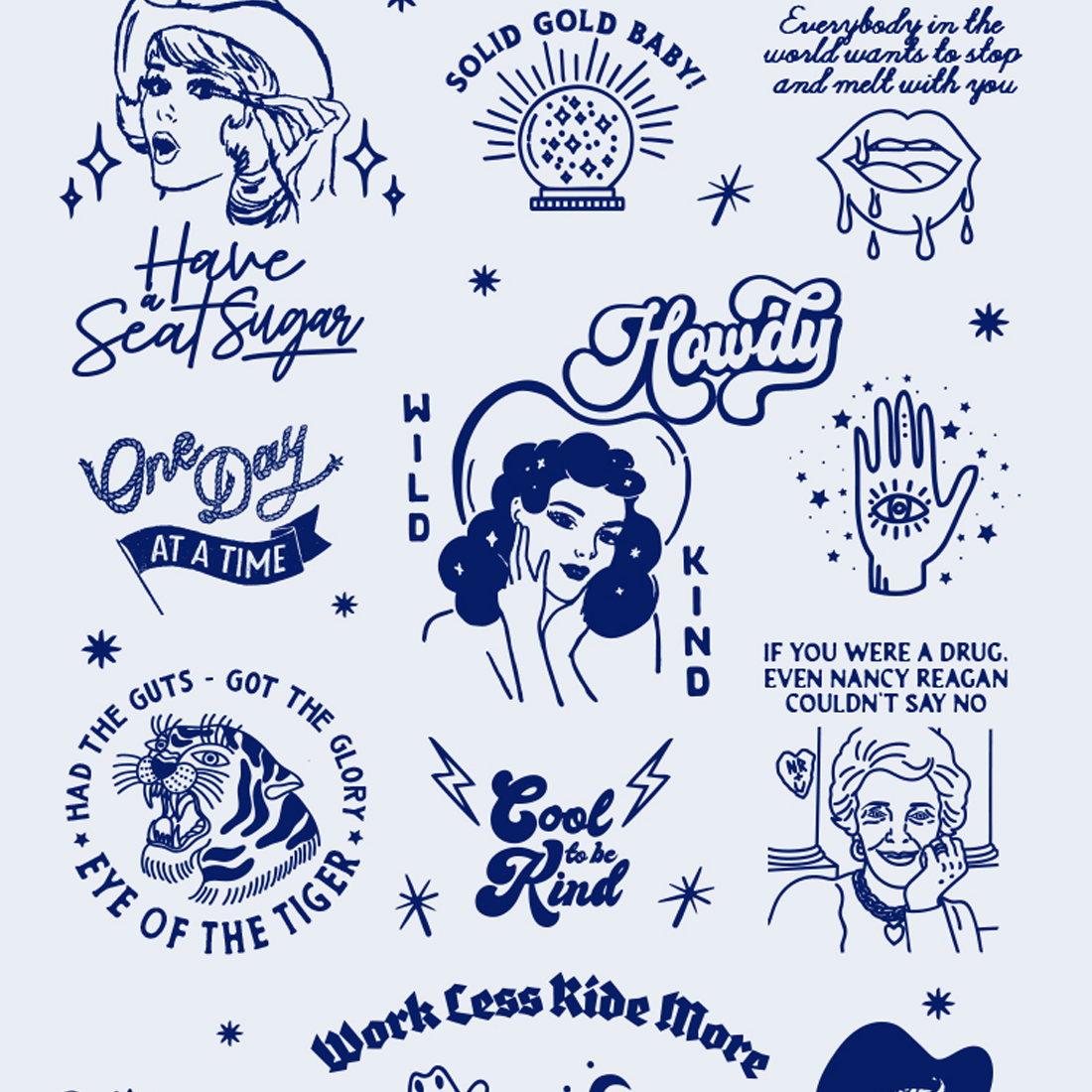 Custom illustrated popsocket wallet layout — bold characters, hand-lettered phrases, and vintage linework for a client with a very specific point of view.