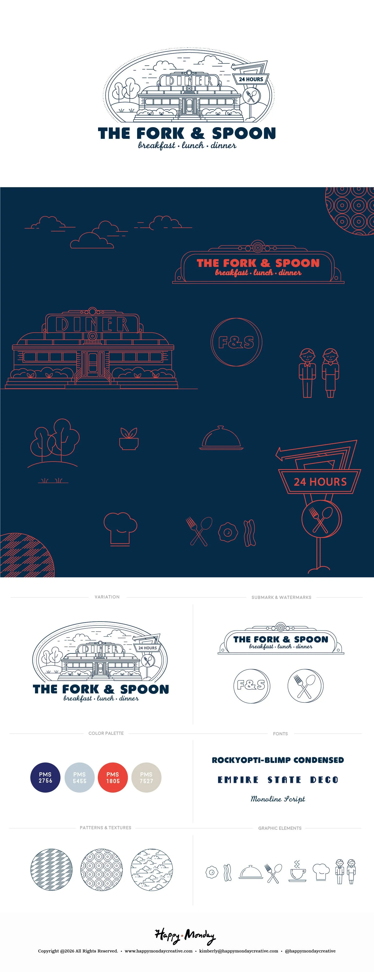 The Fork & Spoon retro diner brand identity system including logo, monoline illustrations, color palette, and typography