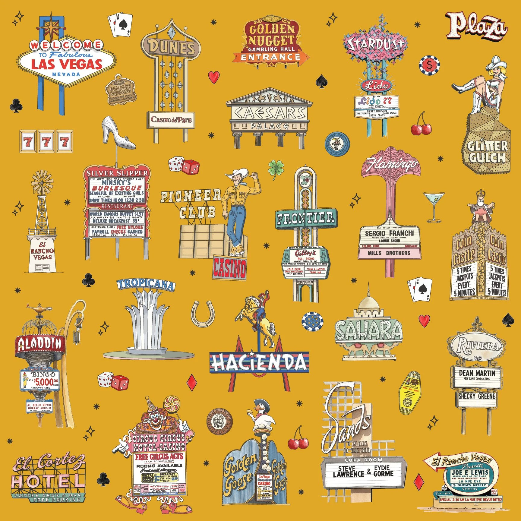 Seamless Las Vegas landmark surface pattern featuring hand-drawn neon signage, vintage casinos, desert motifs, and mid-century architecture in a retro line-art style.