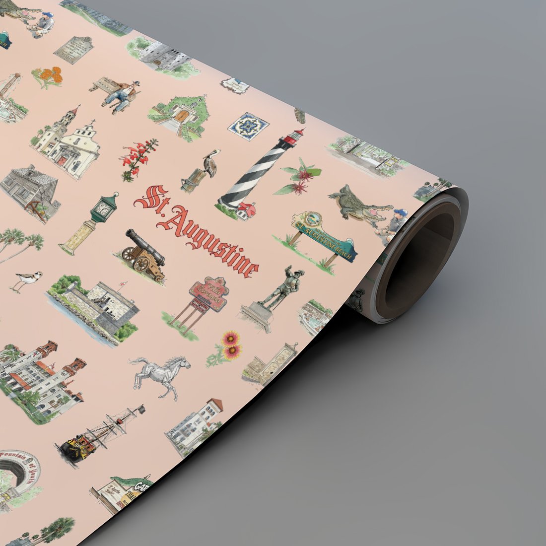 St. Augustine illustrated pattern applied to lifestyle product mockup, demonstrating use for heritage tourism retail and boutique coastal merchandise.