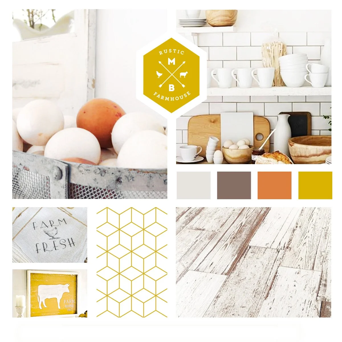 Rustic Farmhouse lifestyle brand moodboard featuring farm fresh eggs, white subway tile kitchen, whitewashed wood floors, and brand color palette