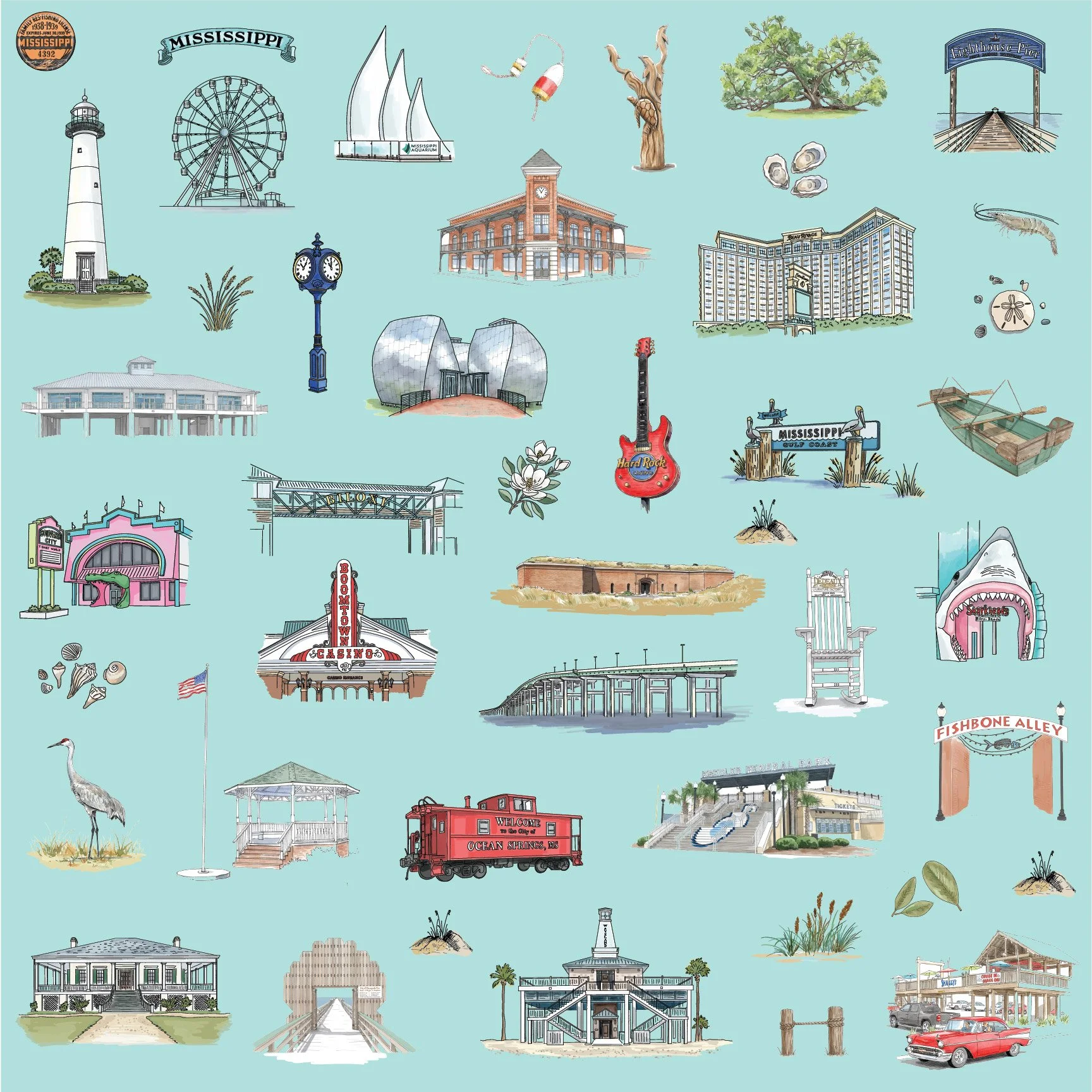 Seamless Mississippi Gulf Coast landmark surface pattern featuring hand-drawn coastal architecture, beach town details, maritime elements, and Gulf shoreline motifs in a vintage line-art style.