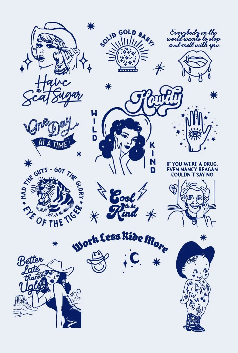 Custom illustrated popsocket wallet layout — bold characters, hand-lettered phrases, and vintage linework for a client with a very specific point of view. Happy Monday Creative.