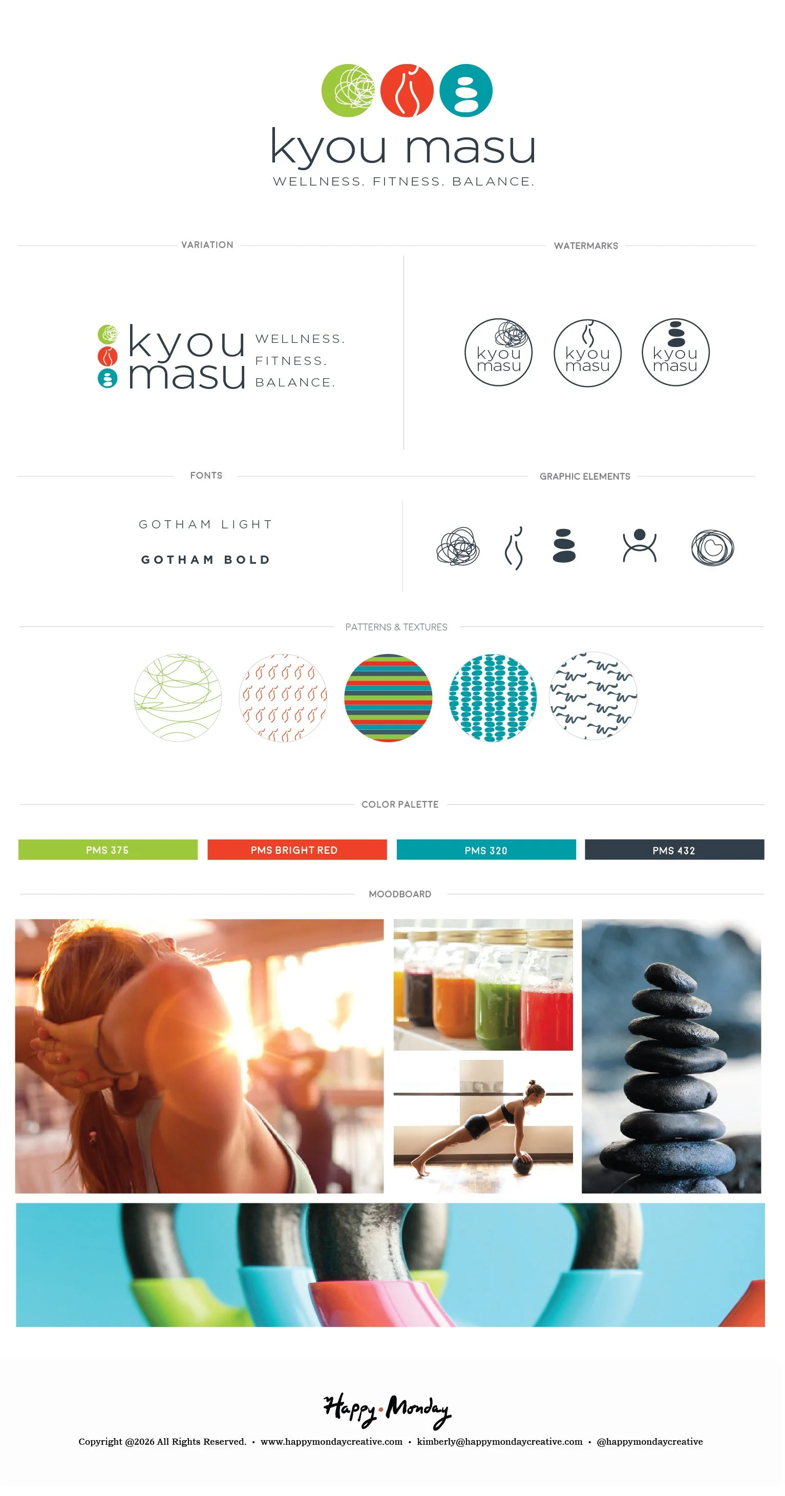 Kyou Masu wellness fitness brand identity system including circular icon logo, alternate lockup, watermarks, color palette, pattern library, graphic elements, and moodboard