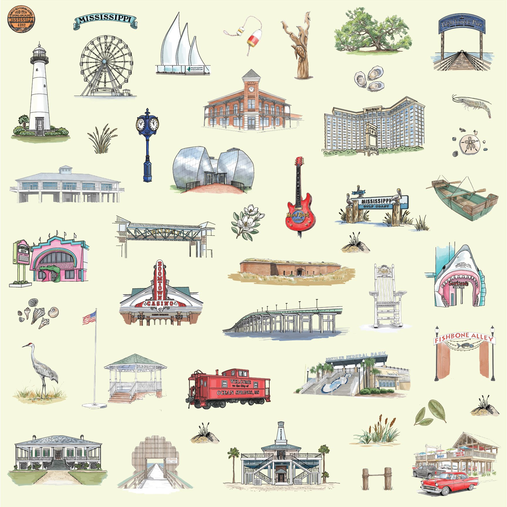 Seamless Mississippi Gulf Coast landmark surface pattern featuring hand-drawn coastal architecture, beach town details, maritime elements, and Gulf shoreline motifs in a vintage line-art style.