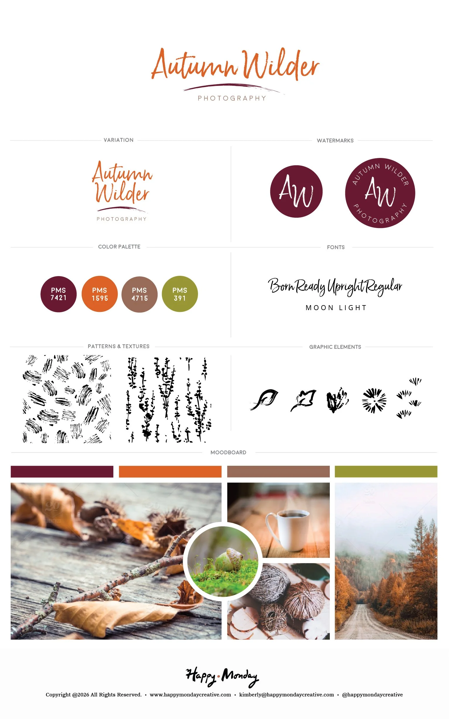 Autumn Wilder Photography brand identity system including script logo, alternate lockup, AW monogram watermarks, burgundy and burnt orange color palette, botanical patterns, and graphic elements