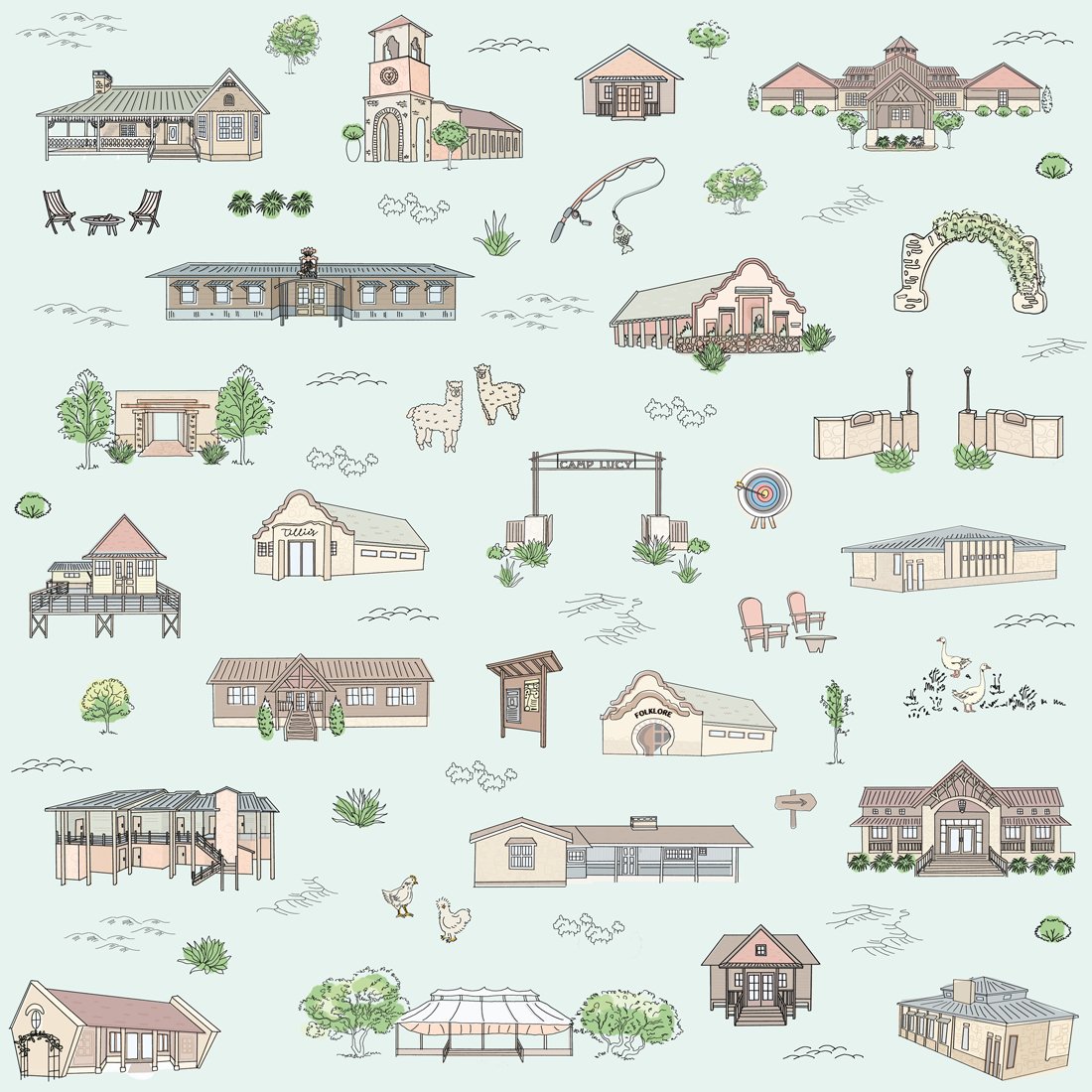 Hand-drawn surface pattern featuring boutique resort architecture and landmarks on a soft sage ground — designed for branded merchandise and guest keepsakes