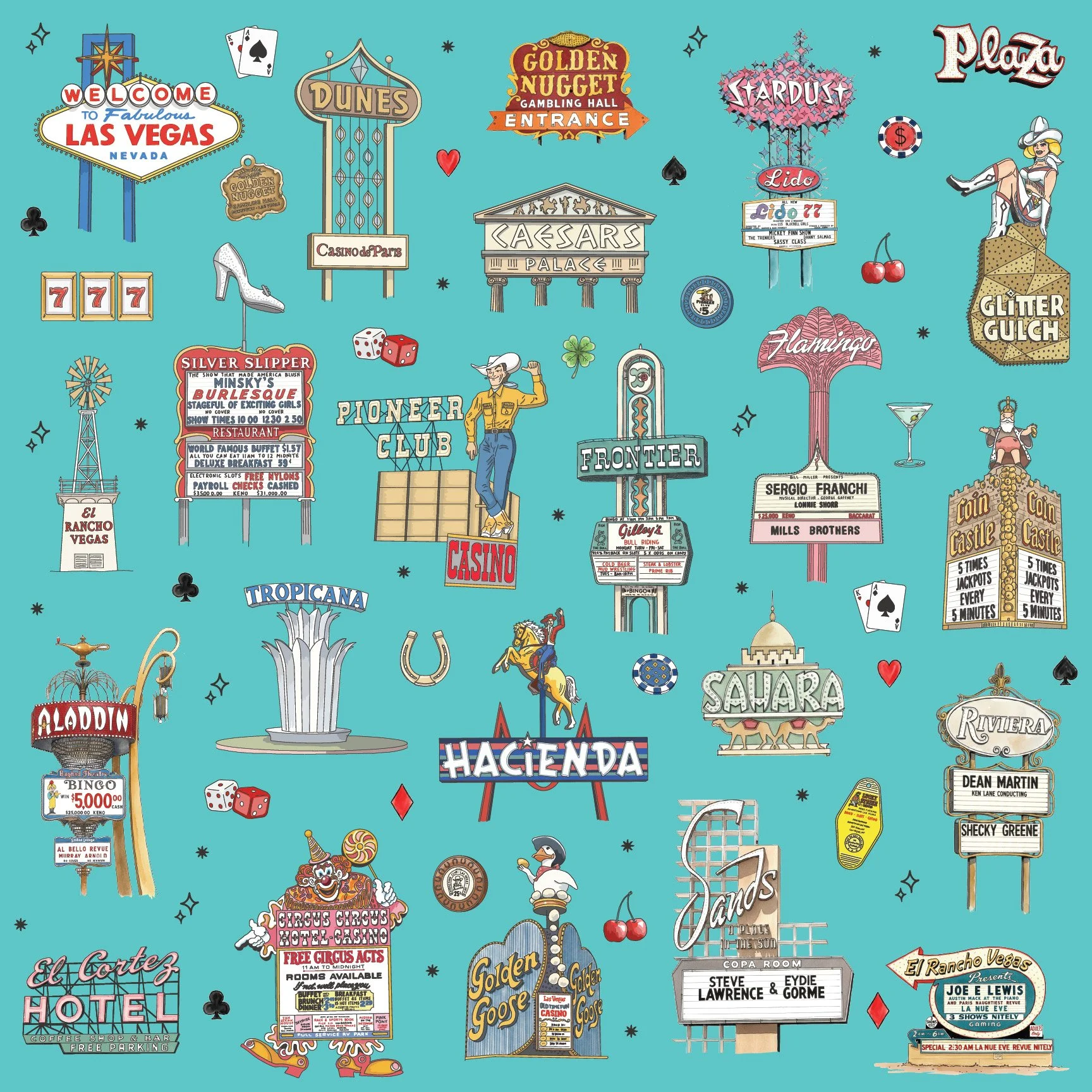 Seamless Las Vegas landmark surface pattern featuring hand-drawn neon signage, vintage casinos, desert motifs, and mid-century architecture in a retro line-art style.