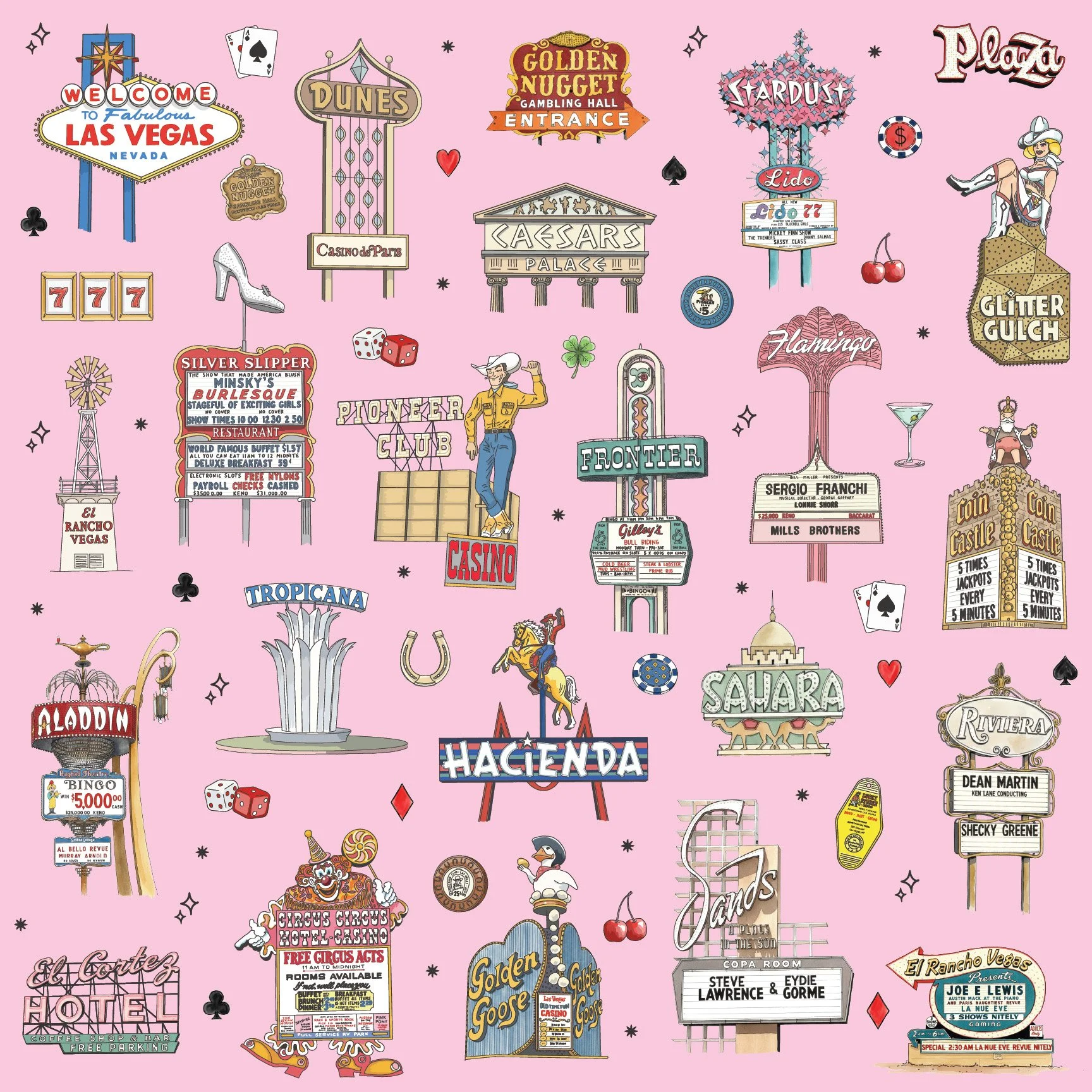 Seamless Las Vegas landmark surface pattern featuring hand-drawn neon signage, vintage casinos, desert motifs, and mid-century architecture in a retro line-art style.