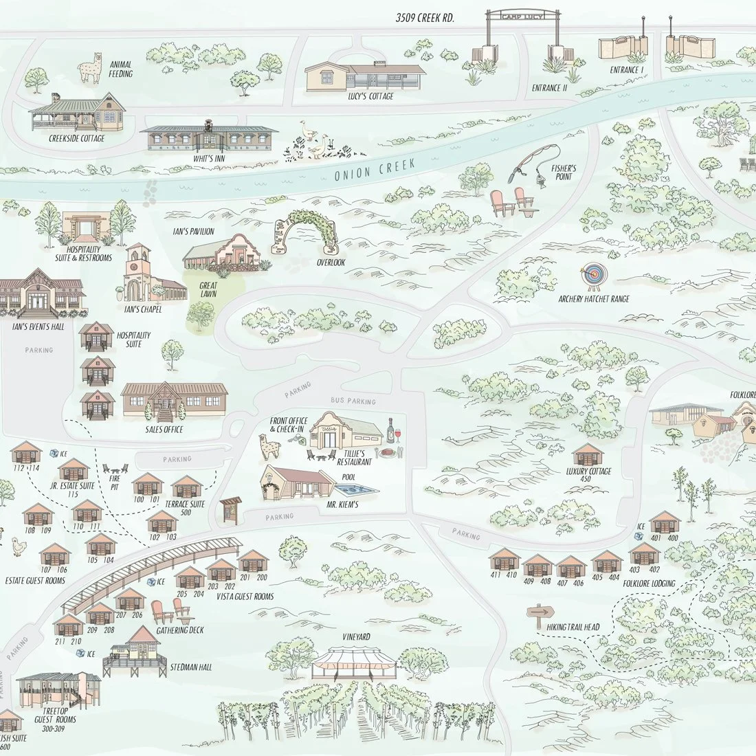 Hand Illustrated boutique hotel resort property wayfinding map for Texas Hill country