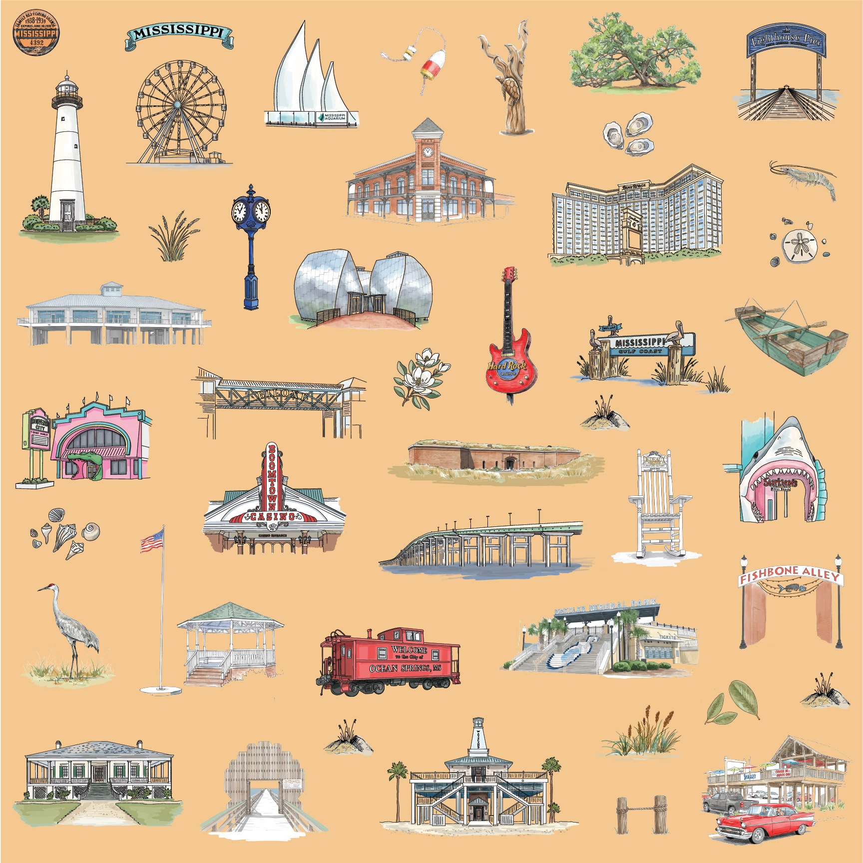 Seamless Mississippi Gulf Coast landmark surface pattern featuring hand-drawn coastal architecture, beach town details, maritime elements, and Gulf shoreline motifs in a vintage line-art style.
