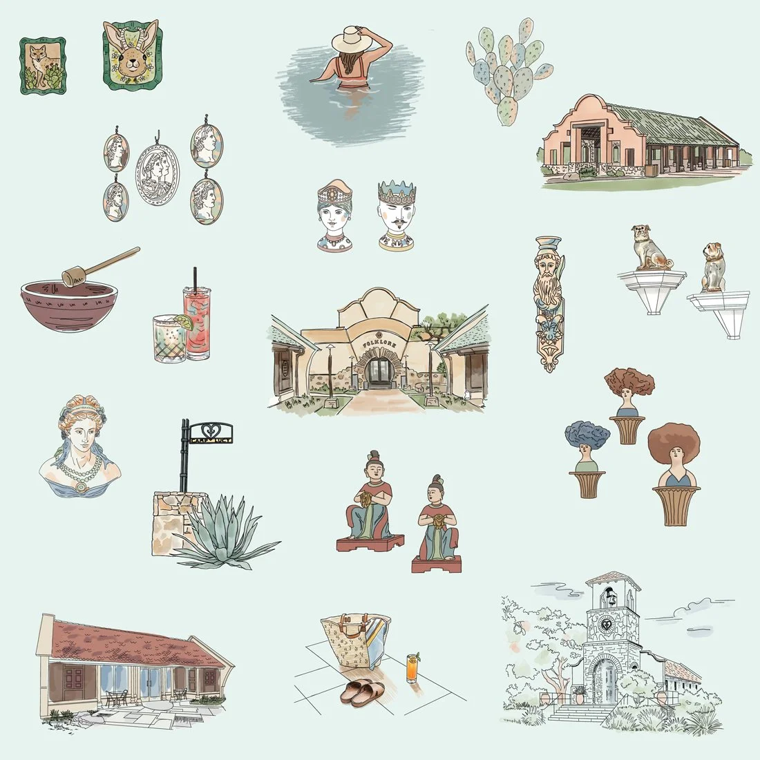 Lifestyle illustration system for a boutique spa — artisan objects, botanicals, and architectural vignettes designed for branded collateral and retail packaging