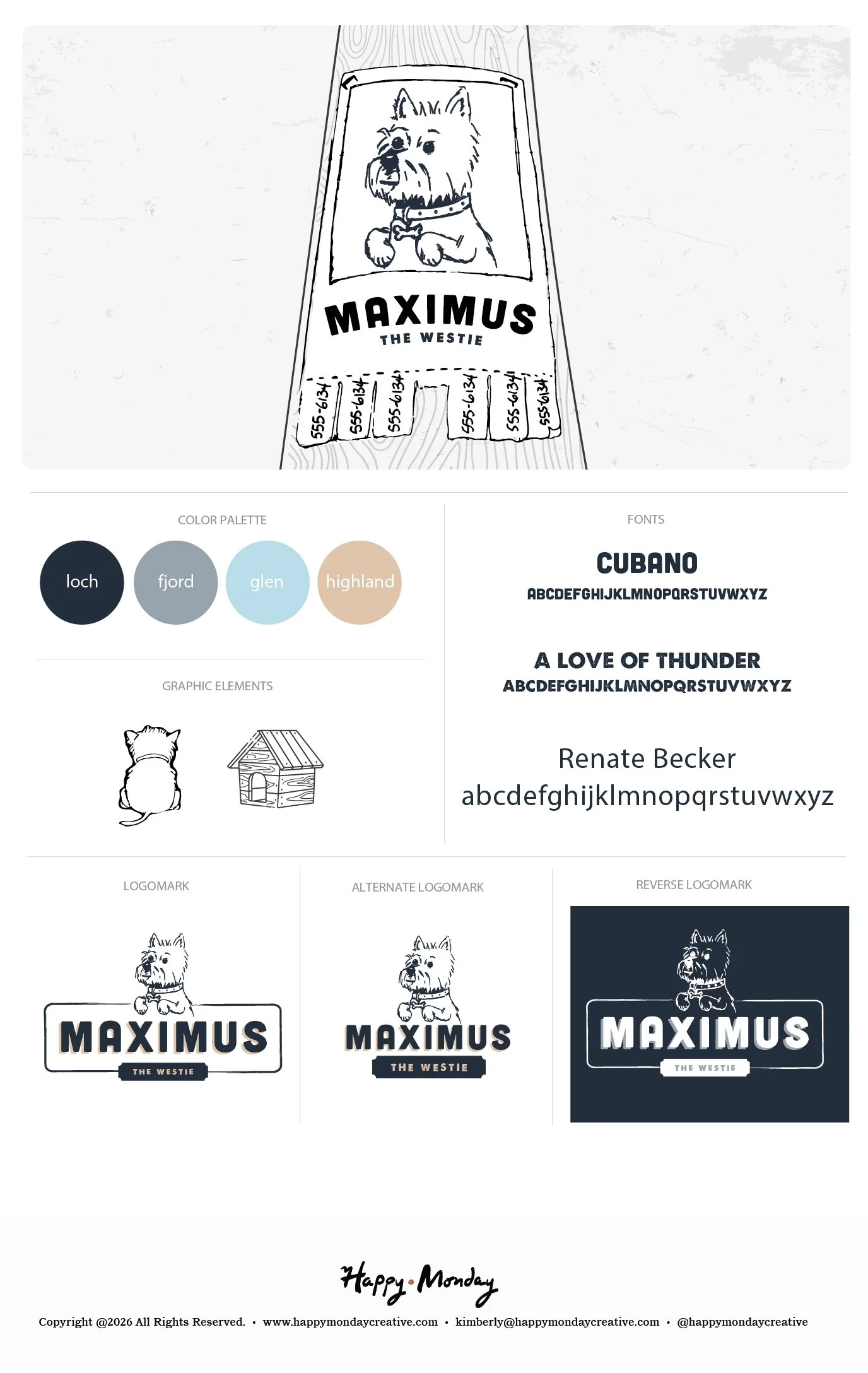 Maximus the Westie brand identity system including primary alternate and reverse logomarks, Scottish Highlands color palette, and hand-drawn graphic elements