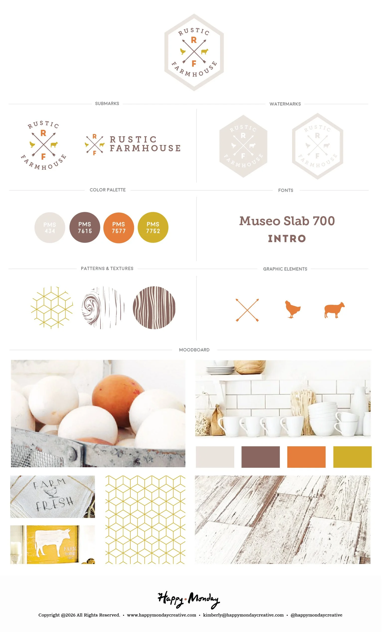 Rustic Farmhouse brand identity system including hexagonal badge logo, submarks, watermarks, color palette, patterns, textures, and farm animal graphic elements