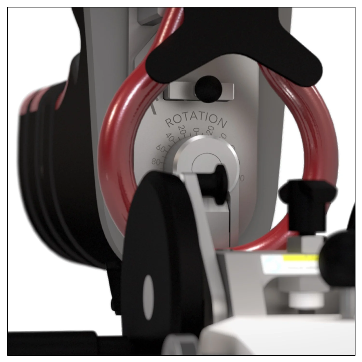 The PURIST rotation function allows up to 180 degrees of external rotation in increments of 10 degrees. The black pin within the red handle is a boot quick connect, allowing for swift range-of-motion testing and simple patient setup.