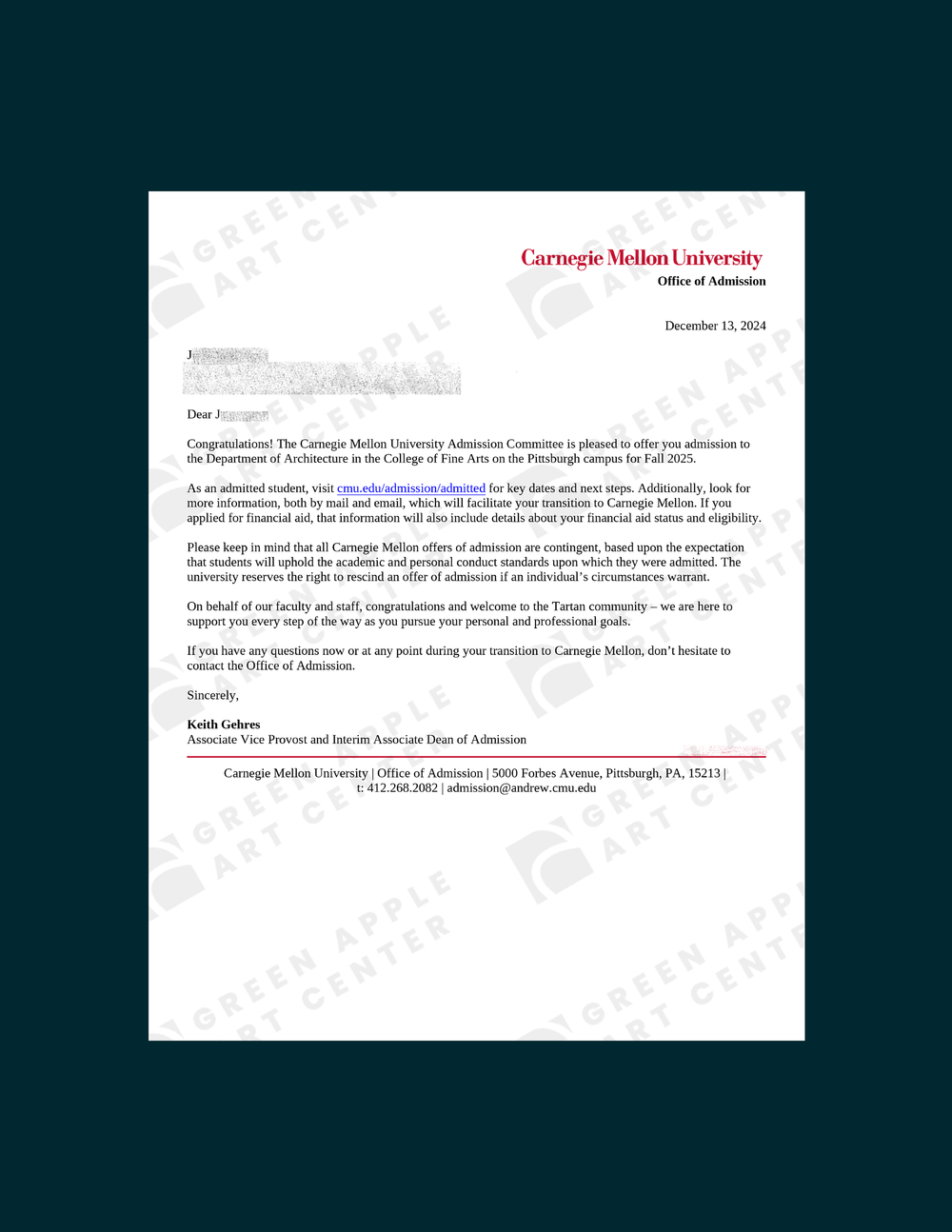 Acceptance Letter 2025 — Green Apple Art Center