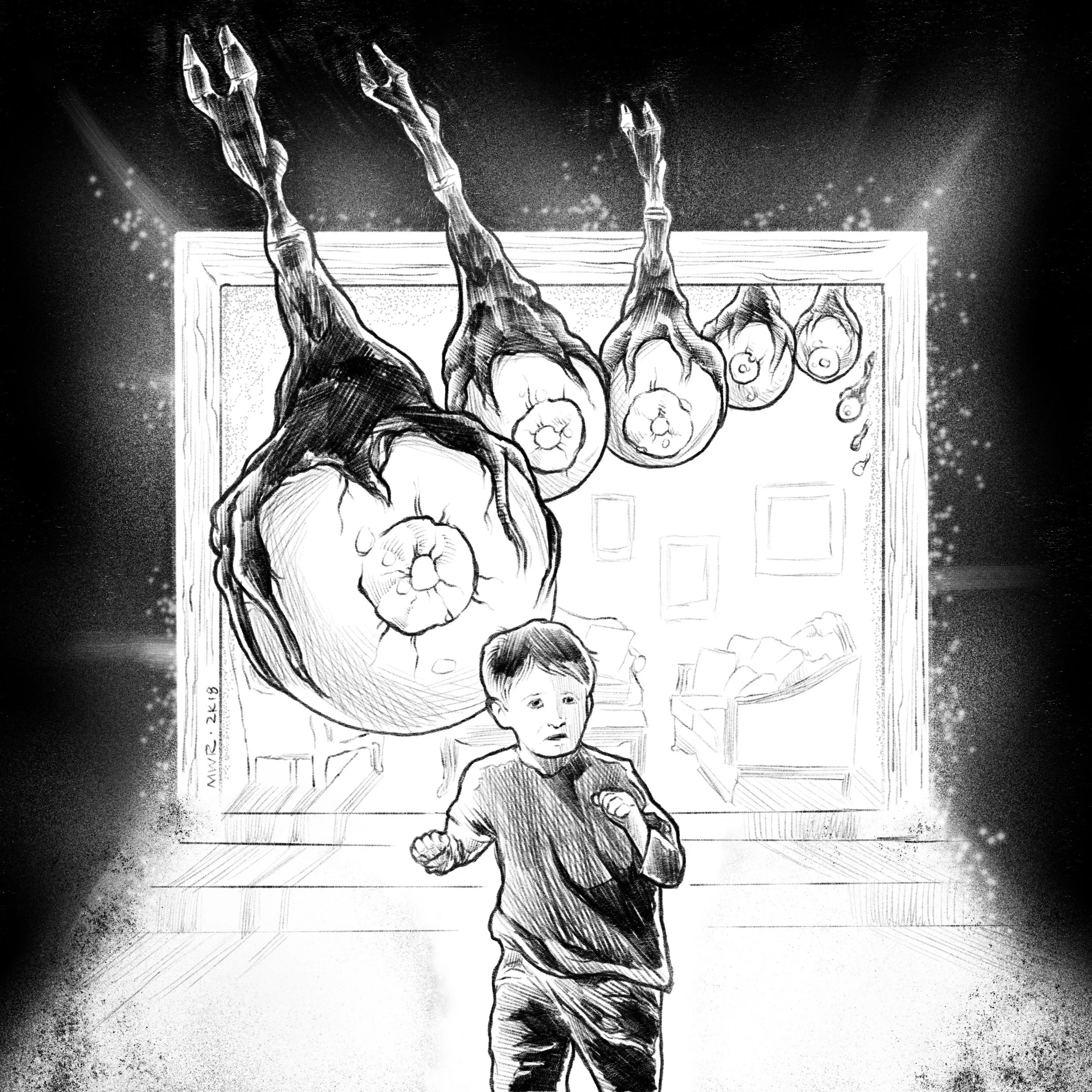 "The door would open to a bright light, and immediately a line of drone like beings would enter heading straight for me...floating upside down with a skinny, elongated torso, one leg, no arms, and no mouth...I tried to run past them, but more always