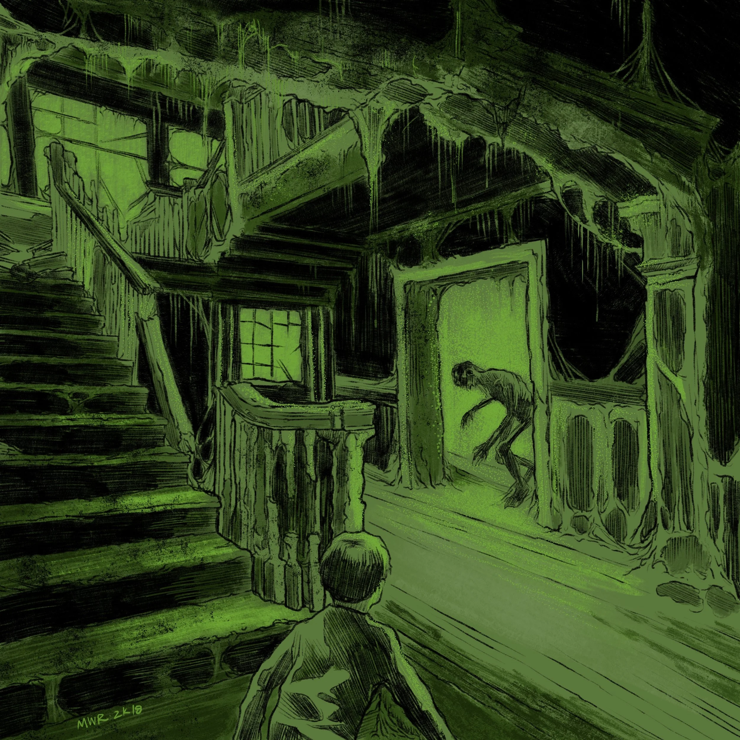  “When I was a kid I had this recurring nightmare of me running through a giant rotting house covered in moss &amp; everything around was tinted the color green &amp; every time I turned a corner I’d start at the back again with the thing that was ch