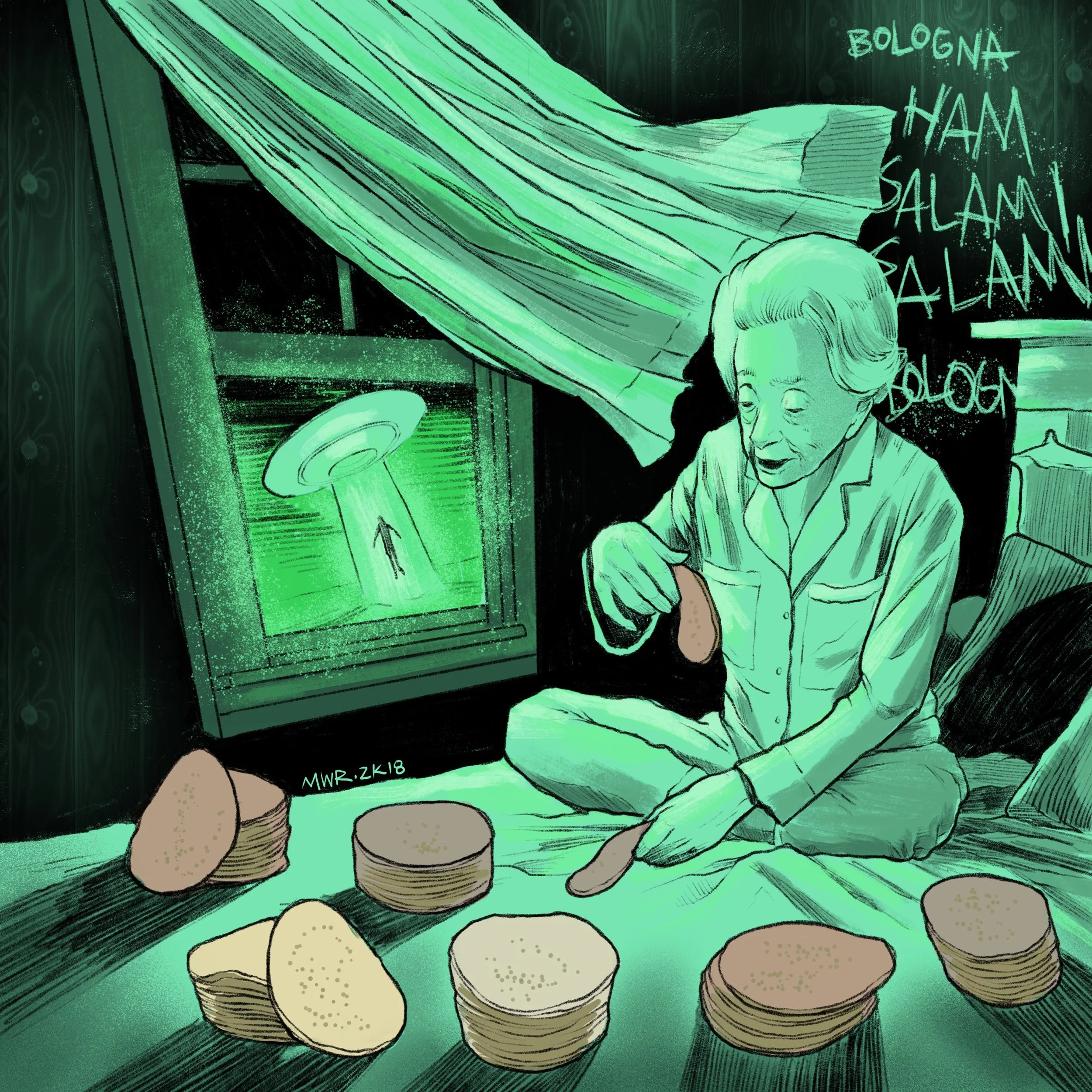  "I see the green lights outside of our sliding glass door...My grandpa is outside looking up at the sky, just standing there...and there's a huge UFO above us. My grandpa starts floating up into the air...I run back inside to find my grandma.  I see