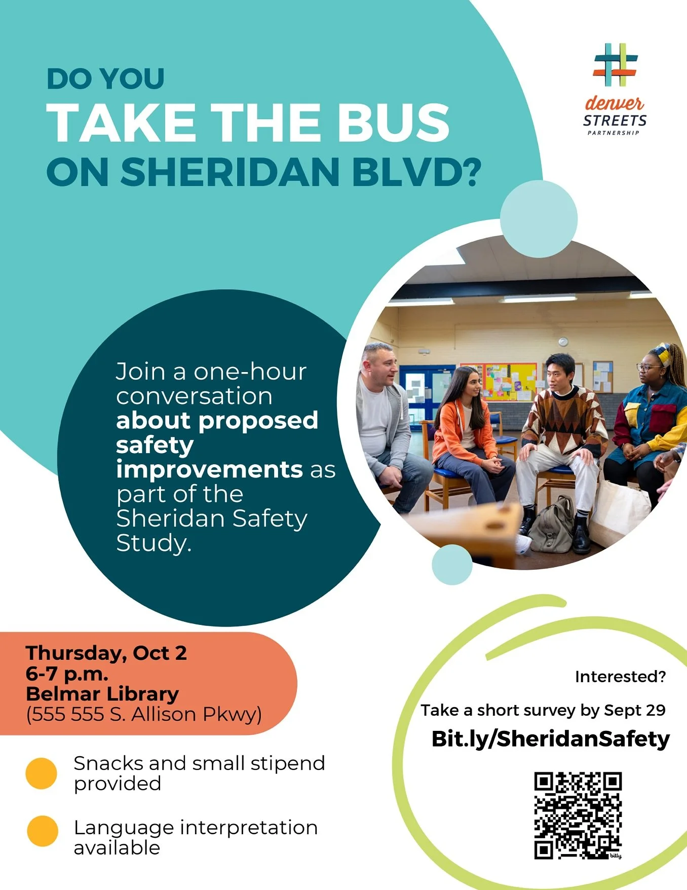 🚍 Community Voices Needed! 🚶&zwj;♀️🚲
Join a paid one-hour focus group to share your experiences traveling along Sheridan Blvd&mdash;especially if you use transit, walk, or bike.
📅 Thursday, Oct. 2
🕕 6&ndash;7 p.m.
📍 Belmar Library
💵 Participan