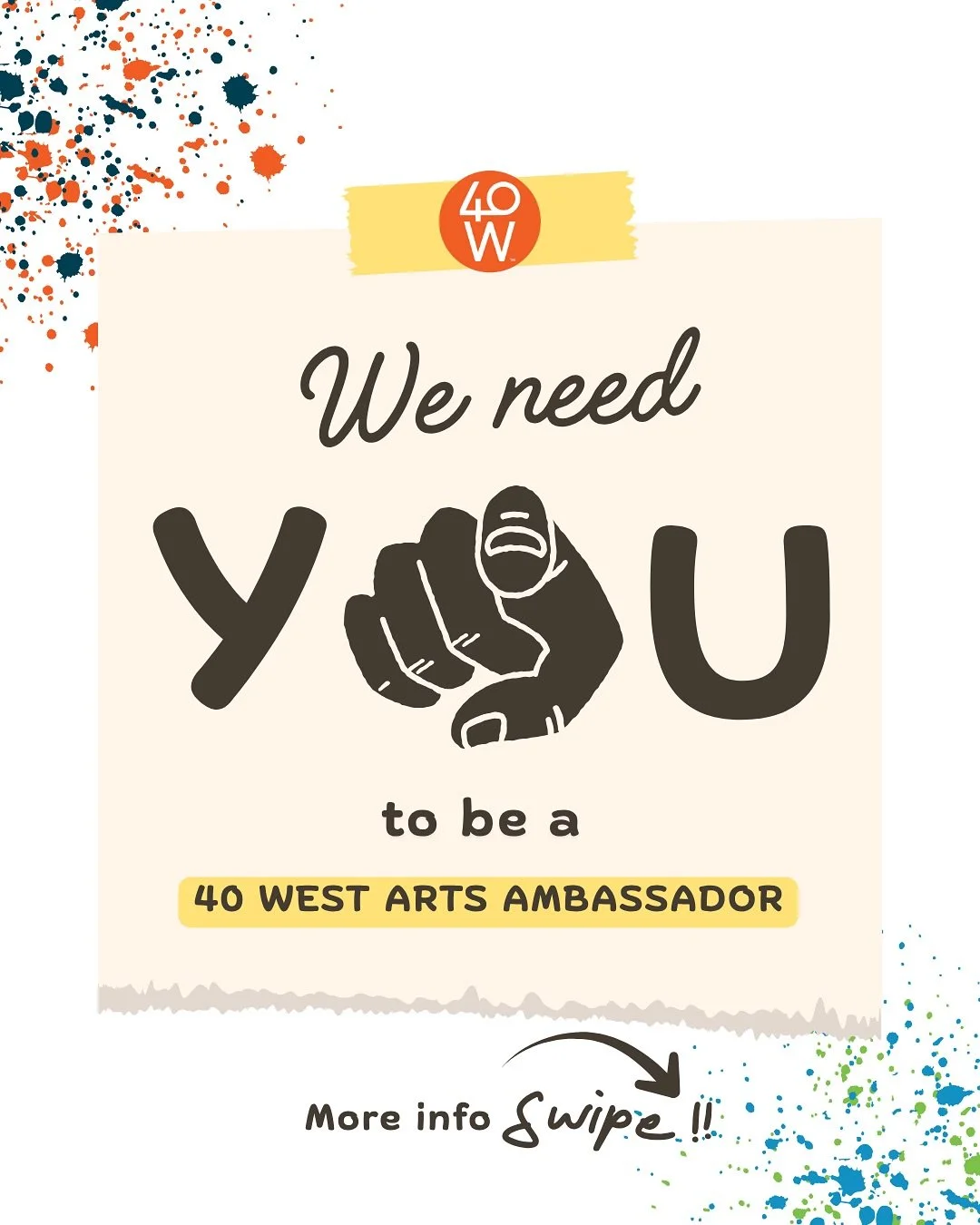 Love 40 West Arts❓🧡
 Want to be part of the creative energy that makes our district thrive? Become a 40 West Arts Ambassador for 2026!

Volunteer just 4&ndash;5 hours a month and get: ✨ A free artist membership ✨ Submission fees waived ✨ Hands-on ga