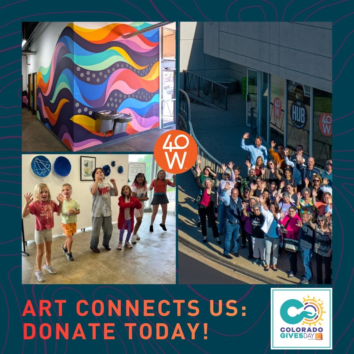 CO Gives Day is here, and your support keeps 40 West Arts vibrant all year long. 🧡
Your donations make a real impact &mdash; from free events and workshops, to artist studio space, to a completely free kids summer camp that serves 60 families every 
