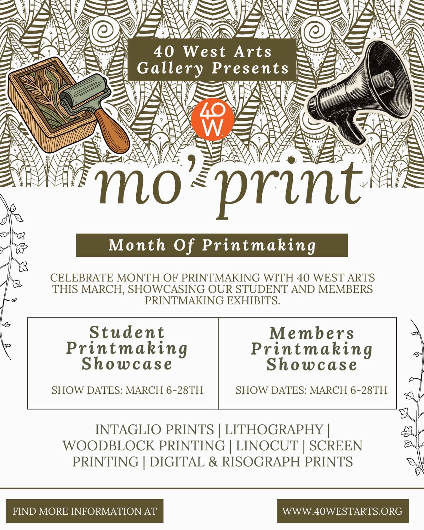March is Month of Printmaking, and 40 West Gallery is celebrating with two special exhibitions. 🎨

Join us this March to experience both the Student Printmaking Exhibit and the 40 West Gallery Members Printmaking Mini-Exhibition, showcasing original