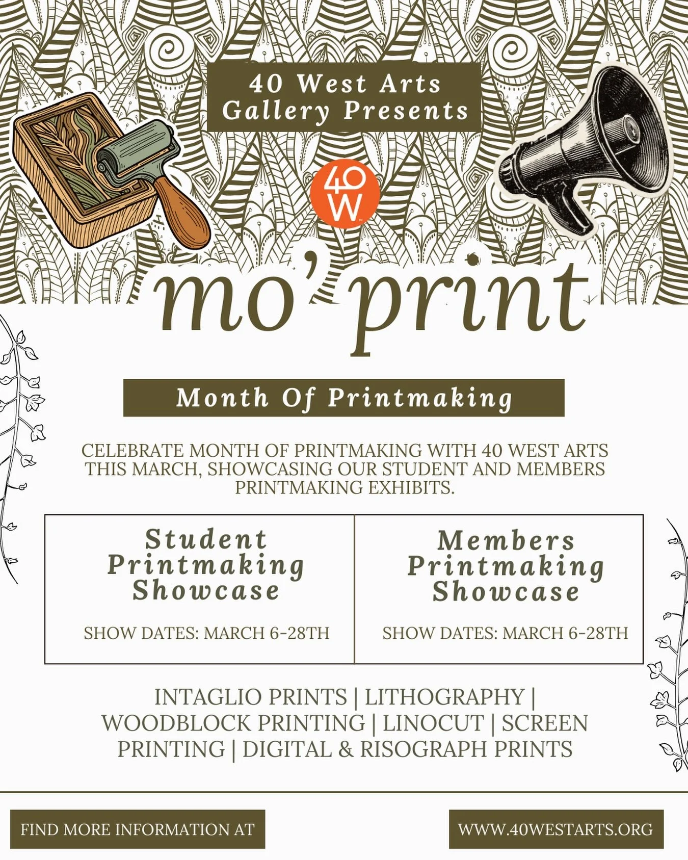 March is Month of Printmaking, and 40 West Gallery is celebrating with two special exhibitions. 🎨

Join us this March to experience both the Student Printmaking Exhibit and the 40 West Gallery Members Printmaking Mini-Exhibition, showcasing original