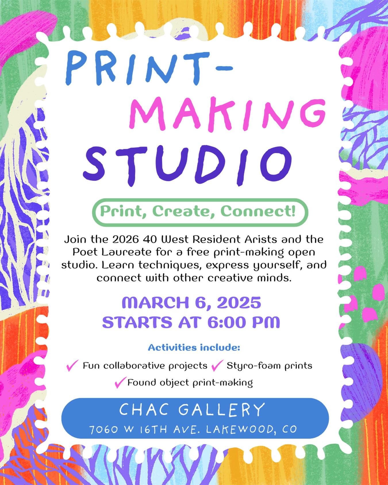 Print. Create. Connect. 🎨 

March First Friday brings a free print-making open studio to CHAC Gallery. Join the 2026 Resident Artists and Poet Laureate for hands-on projects and creative collaboration. Creative energy lives here. 🧡

📍7060 W 16th A