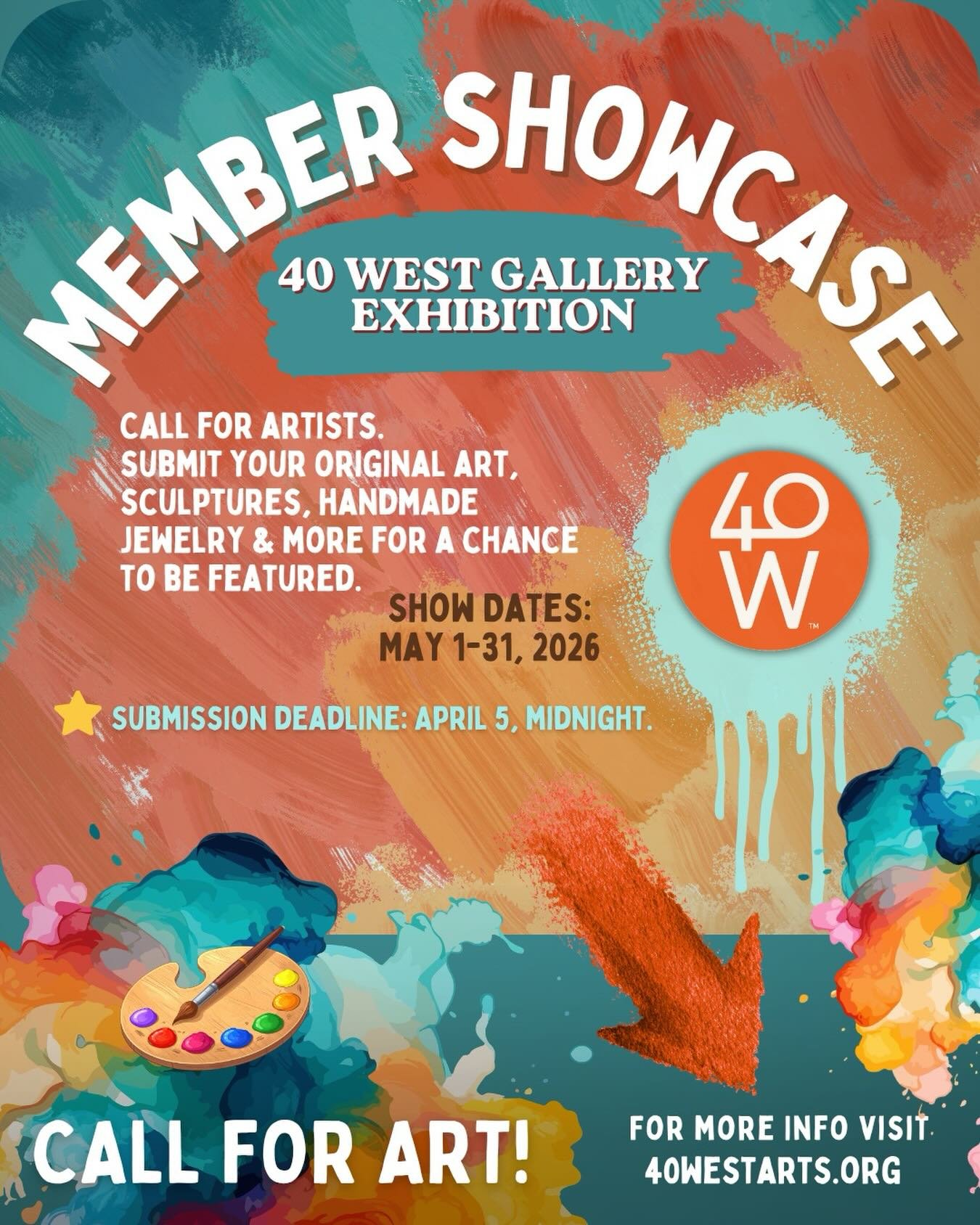 Artists, your moment is here. 🎨❤️

40 West Arts is calling all members to submit for the May Member Showcase at 40 West Gallery. No theme, all mediums. Just bring your best work.

Submission Details:
Submission Deadline: Sunday, April 5, 2026 at mid