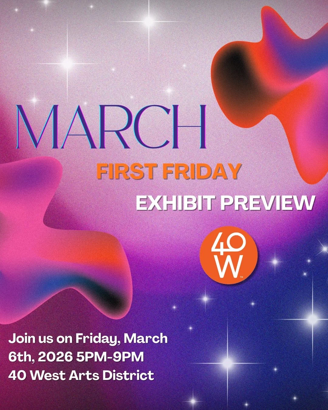 March First Friday is one week away! 🎨✨
Brand new exhibits are about to take over the district, and this is your first look at what&rsquo;s coming to 40 West Arts on March 6th from 5pm&ndash;9pm. Fresh work, bold perspectives and the unmistakable cr